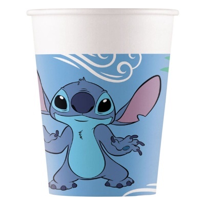 Copo de papel com design azul e personagem Stitch da Disney