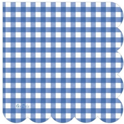 Guardanapo decorativo azul e branco com padrão xadrez e bordas onduladas