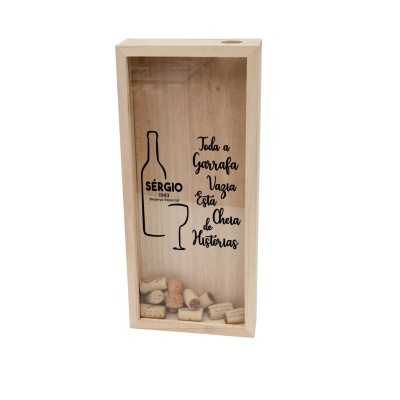 Caixa decorativa de madeira para rolhas com vidro e decoração em preto