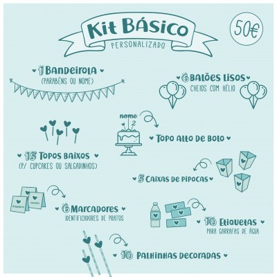 Kit básico personalizado para festas com vários itens decorativos e preço de 50€