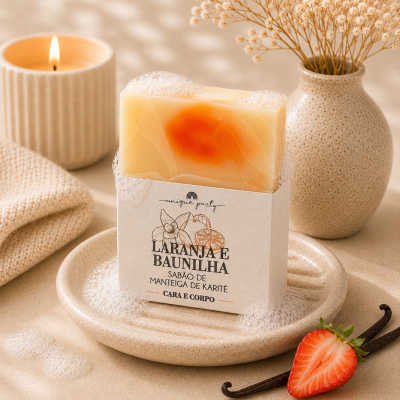 Sabonete laranja e baunilha com embalagem em prato cerâmico com espuma, vela, vaso com flores secas, morango e vagem de baunilha