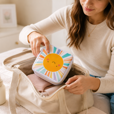 Mala bege de maternidade com bolsa colorida estampada de sol e mantinha rosa dentro