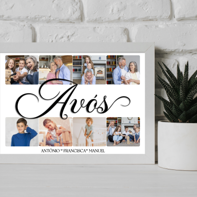 Quadro branco com várias fotos de família e a palavra Avós em moldura branca, ao lado de planta suculenta