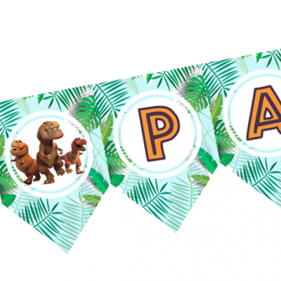 Faixa decorativa azul claro com folhas verdes, letras P e A e dinossauros