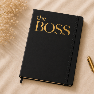 Caderno preto com texto dourado the BOSS num cenário com flores, caneta e prato.