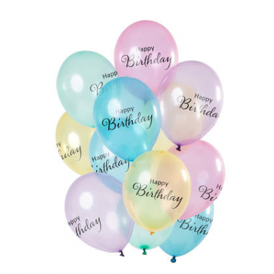 Balões de festa coloridos com texto 'Happy Birthday'