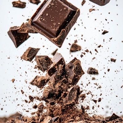 Fragmentos de chocolate preto e pó de cacau num fundo claro