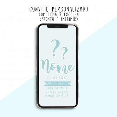 Smartphone com convite digital azul claro personalizado para 1º aniversário