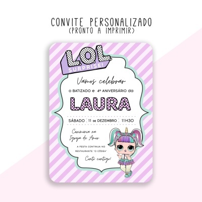 Convite LOL Surprise para batizado e 4º aniversário com design lilás e figura de boneca