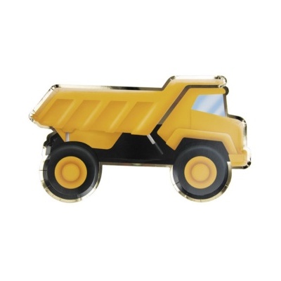 Prato descartável em forma de camião de construção amarelo