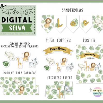 Kit festa digital tema selva com bandeirolas, toppers, rótulos, etiquetas e poster decorados com animais da selva
