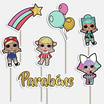 Acessórios decorativos para bolo com bonecas LOL, balões, estrela e texto 'Parabéns'
