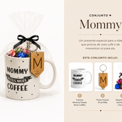 Conjunto Mommy com caneca, porta-chaves e bombons embrulhados para presente.