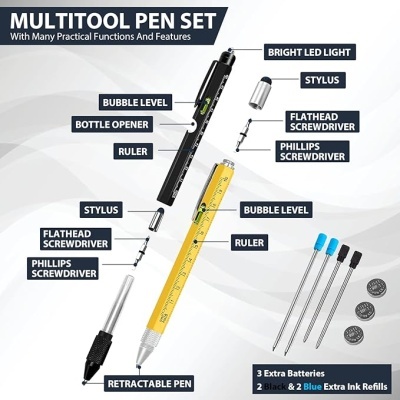 Conjunto de canetas multitool preto e amarelo com várias funções
