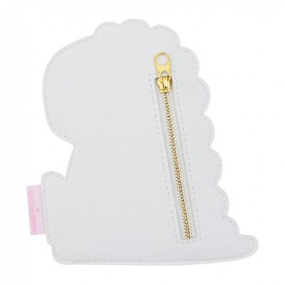 Estojo branco em forma de dinossauro com fecho dourado vertical