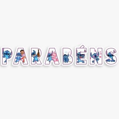 Palavra 'PARABÉNS' com personagens Stitch em letras coloridas
