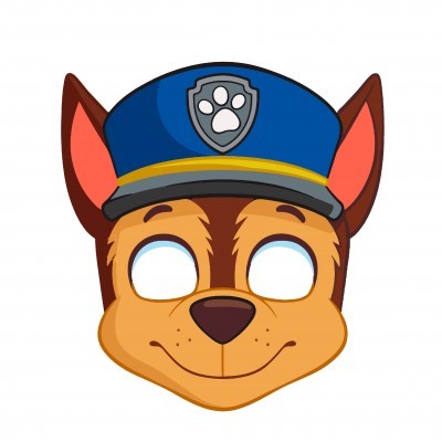 máscara infantil de cão com boné azul e escudo de pata