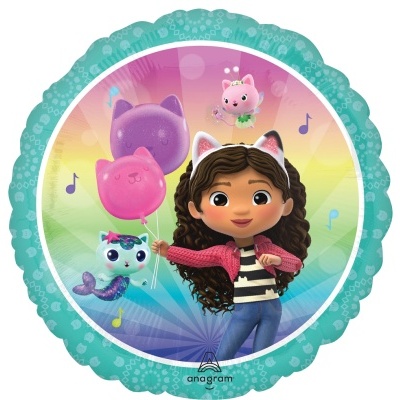 Balão redondo com ilustração de menina e gatos em fundo colorido, borda azul com padrões.