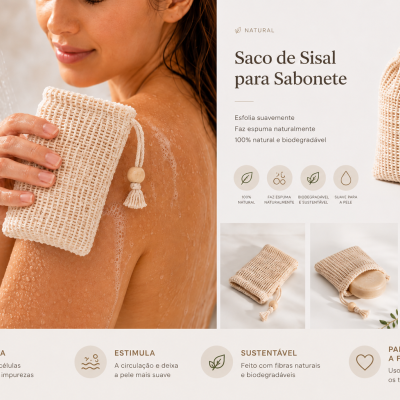 Saco de sisal natural para sabonete com cordão e tassel em várias vistas