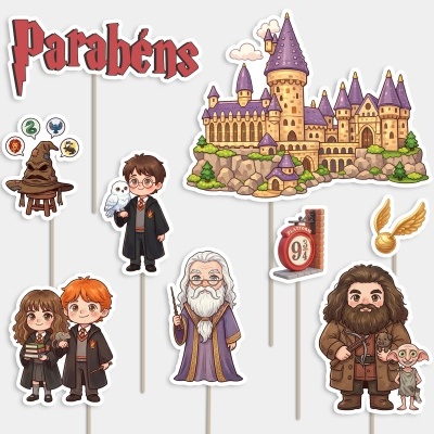 Toppers de bolo da saga Harry Potter com personagens e símbolos coloridos em fundo branco