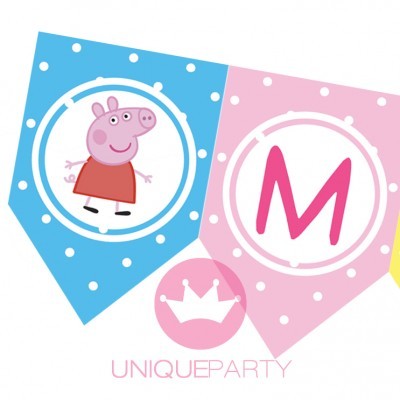 Bandeirolas decorativas com Peppa Pig, letra M e coroa em fundo azul e rosa com bolinhas brancas.