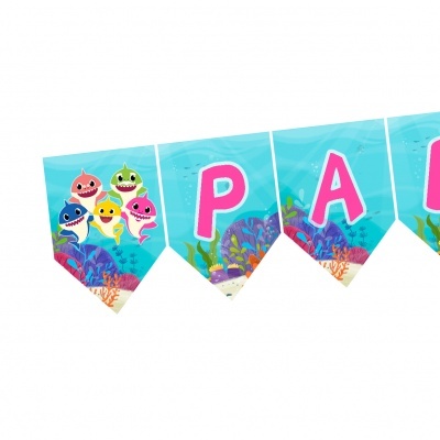 Bandeirola de papel azul com peixes coloridos e letras rosas