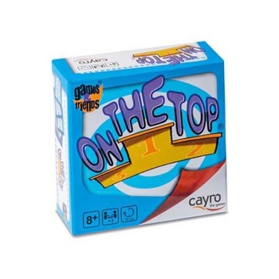 Caixa do jogo de tabuleiro ON THE TOP azul com letras roxas e amarelas