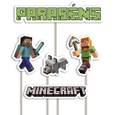 Placas decorativas do Minecraft com texto PARABÉNS e personagens do jogo