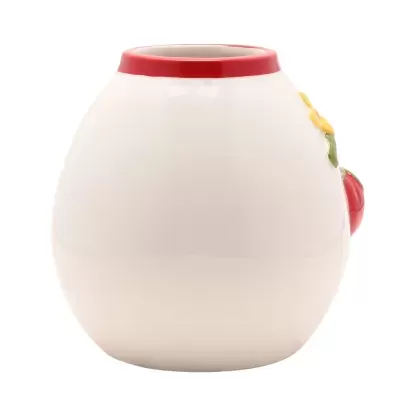 Jarro cerâmico branco com decoração de tomate e flor.
