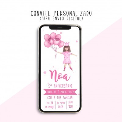 Convite digital personalizado de aniversário com figura de menina, balões rosa, texto em português