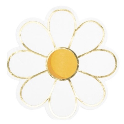 Figura decorativa de flor branca com centro amarelo e contornos dourados