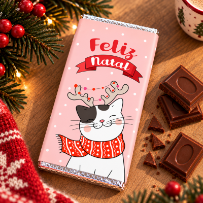 Barra de chocolate com embalagem rosa e desenho de gato de Natal ao lado de chocolate partido e decoração natalícia