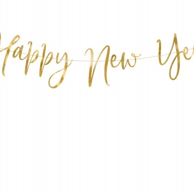 Fita decorativa dourada com texto Happy New Year em fundo branco