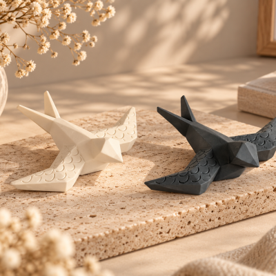 Esculturas decorativas de aves geométricas creme e preta sobre base de pedra com decoração minimalista