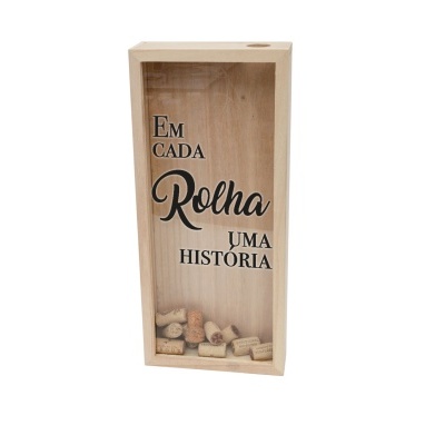 Caixa de madeira para rolhas com texto 'Em cada Rolha uma História'
