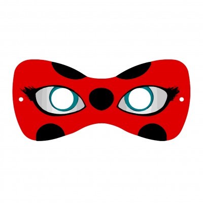 máscara de fantasia vermelha com pintas negras e recortes para os olhos em azul e branco