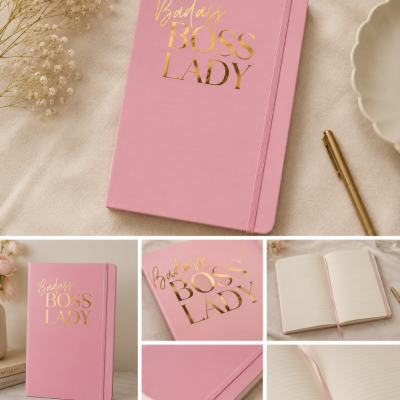 Caderno rosa com texto Badass BOSS LADY em dourado, páginas pautadas e caneta dourada