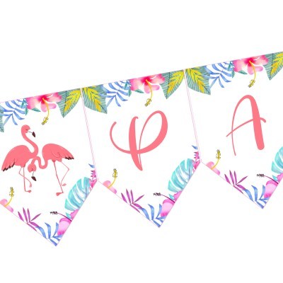 Faixa decorativa com desenhos de flamingos, letras e folhas tropicais coloridas