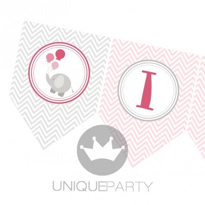 Bandeirolas decorativas com elefante, letra 'I' e coroa em padrões rosa e cinzento