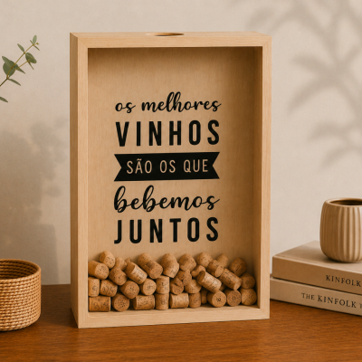 Caixa de madeira para rolhas com texto em português e rolhas no fundo sobre mesa com decoração neutra