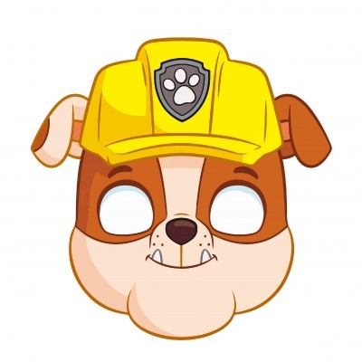 Máscara infantil de cão com capacete amarelo e emblema de pata