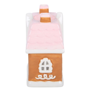 Casa decorativa em cerâmica com telhado rosa e paredes castanhas