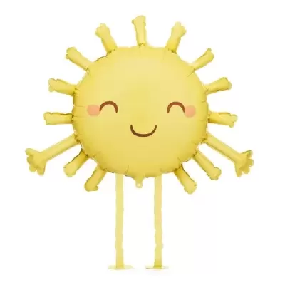 Balão amarelo redondo com braços, pernas e rosto sorridente