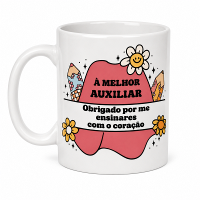 Caneca branca com ilustração colorida e texto em português
