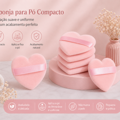 Esponjas cor-de-rosa em forma de coração com faixa rosa para pó compacto