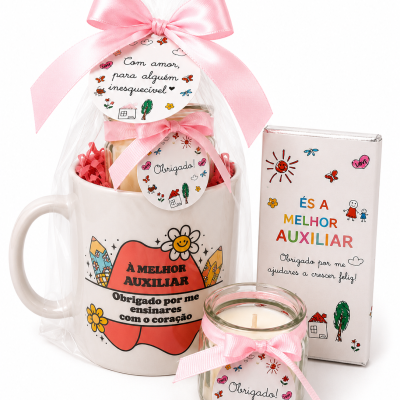 Conjunto de presente com caneca, vela e chocolate para auxiliar