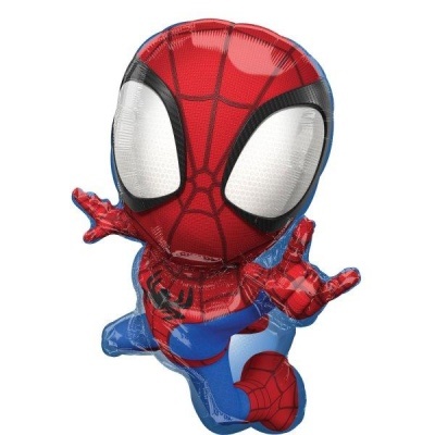 Balão inflável do Homem-Aranha com cores vermelha, azul e preta em pose de ação