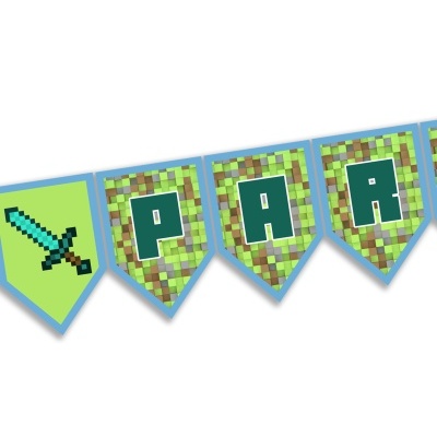 Faixa decorativa com padrão pixelado e letras e espada pixelada