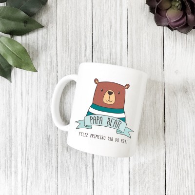 Caneca branca com desenho de urso e texto Papa Bear e Feliz Primeiro Dia do Pai