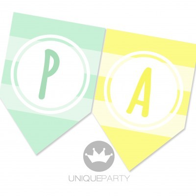 bandeirolas de papel verde e amarelo com letras P e A em círculos brancos